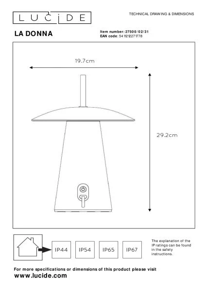 Lucide LA DONNA - wiederaufladbare Tischlampe Außen - Akku/Batterie - Ø 19,7 cm - LED Dim. - 1x2W 2700K - IP54 - 3 StepDim - Weiß - Technisch